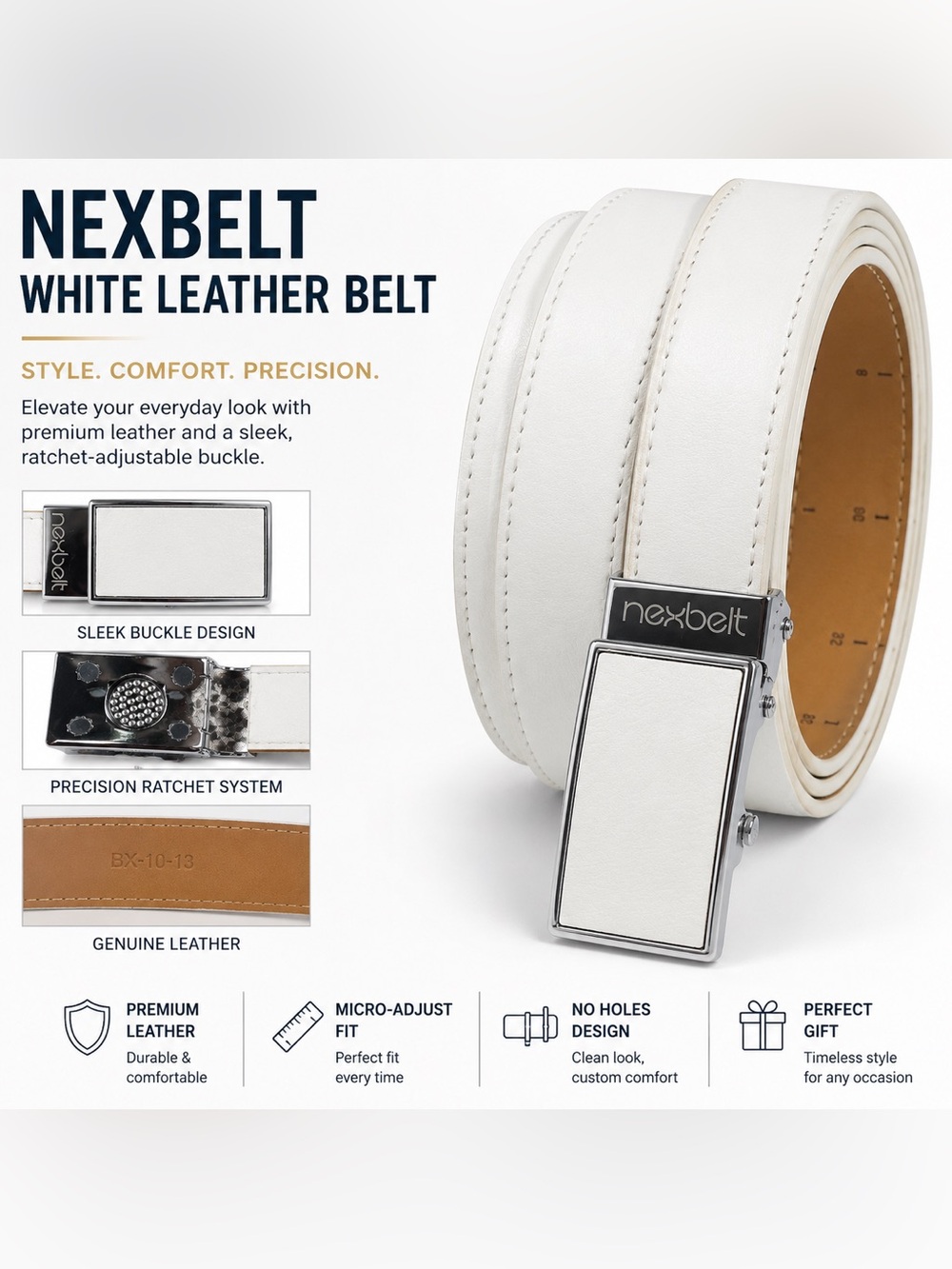 Nexbelt White Leather Ratchet Belt - Sleek Silver Buckle